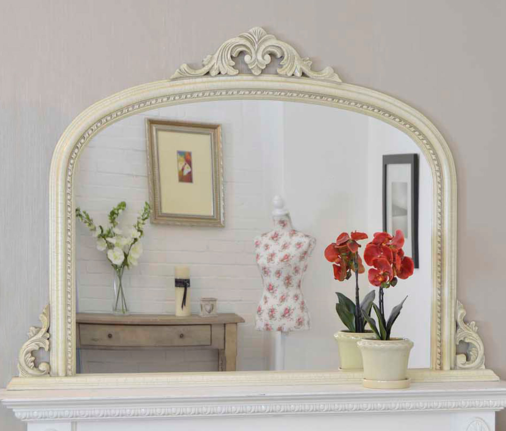 Large Ivory Crackle Shabby Chic Overmantle Arched Wood Mirror 127cm X