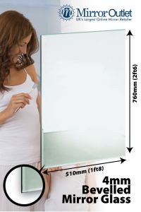 Bevelled Bathroom Mirror Glass 4mm Thick 2Ft6 X 1Ft8, (76cm X 51cm)