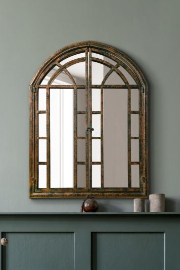 The Kirkby - Dark Metal Rustic Framed Arched Wall Mirror with Opening Doors 43" X 31" (110CM X 78CM max). Closed doors 31" X 24" (78cm X 61cm).