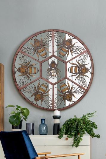 The Kirkby - Rustic Metal Round Bumble Bee Decorative Wall Mirror 32" X 32" (80CM X 80CM)