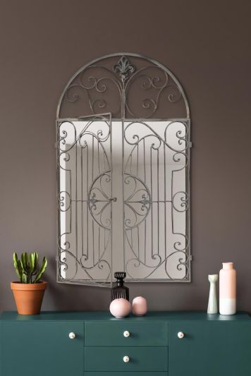 The Kirkby - Rustic White Metal Framed Arched Wall Mirror with Opening Doors 47" X 40" (120CM X 102CM max). Closed doors 40" X 24" (102cm X 61cm).