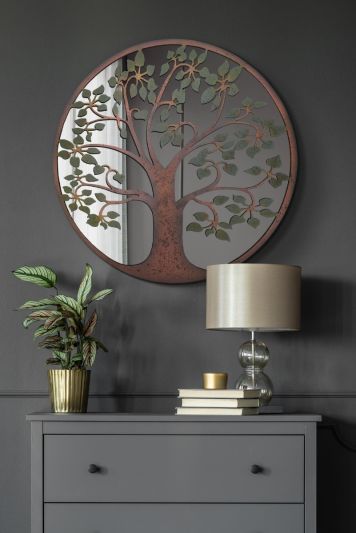 The Kirkby - Rustic Metal Round Shaped Window Decorative Wall Mirror 24" X 24" (60CM X 60CM) With Colour Tree of Life Décor