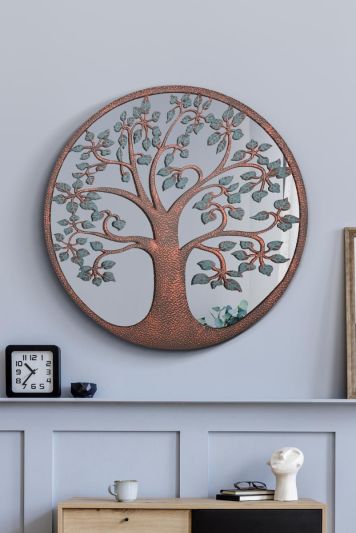 The Kirkby - Rustic Metal Round Shaped Window Decorative Wall Mirror 32" X 32" (80CM X 80CM) With Colour Tree of Life Décor
