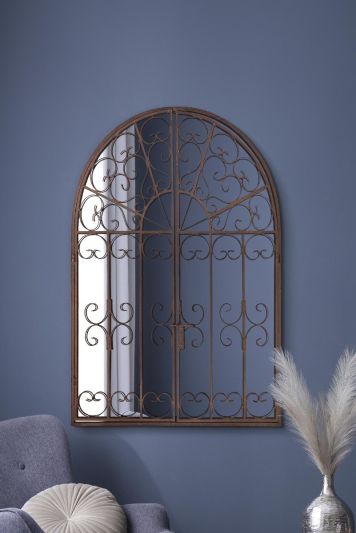 The Kirkby - Dark Metal Rustic Framed Decorative Arched Wall Mirror with Opening Doors 53" X 35" (135CM X 89CM max). Closed doors 35" X 28" (89cm X 70cm).