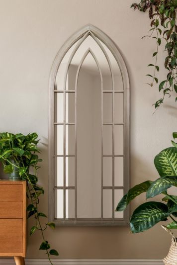 The Somerley - Rustic Framed Arched Gothic Window Style Leaner Wall Mirror 59" X 24" (149CM X 61CM) Stone Colour