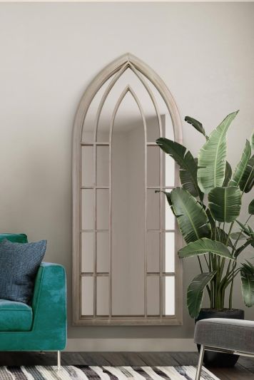 The Somerley - Extra Large Rustic Framed Arched Gothic Window Style Leaner Wall Mirror 75" X 30" (190CM X 75CM) Stone Colour