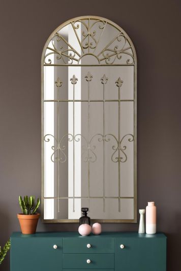 The Somerley - Extra Large Rustic Framed Arched Gothic Window Style Leaner Wall Mirror 63" X 30" (160CM X 75CM) Stone Colour