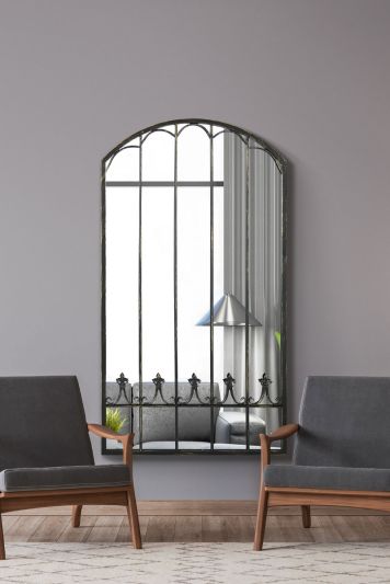 MirrorOutlet Extra Large Apartment Antique Black Metal Arch shaped Decorative Window Effect Large Wall Mirror 160 x 85cm