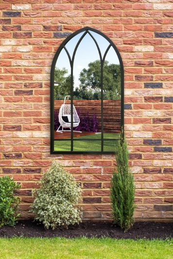 The Arcus - Black Metal Framed Arched Garden Wall Mirror 32" X 19" (83CM X 48CM)