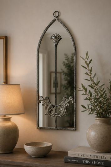 The Arcus - Concrete Colour Metal Framed Arched Wall Mirror 24"x 8" (60 X 20CM)