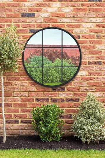 The Circulus - Black Metal Frame Round Window Garden Wall Mirror 31"x31" 80x80CM