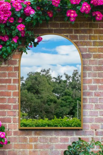 The Arcus - Gold Metal Framed Arched Garden Wall Mirror 47" X 31" (120CM X 80CM). Suitable for Outside and Inside.