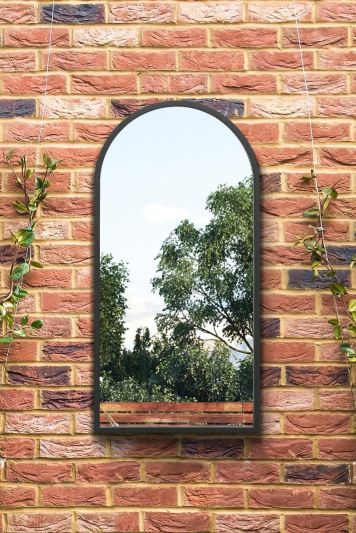 The Arcus - Black Metal Framed Arched Garden Wall Mirror 31" X 16" (80CM X 40CM). Suitable for Outside and Inside.