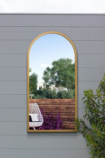 The Arcus - Gold Metal Framed Arched Garden Wall Mirror 31" X 16" (80CM X 40CM). Suitable for Outside and Inside.