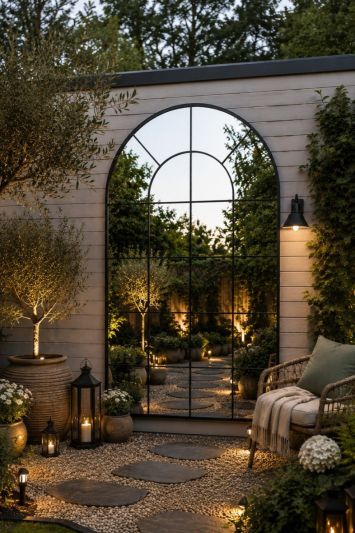 The Arcus - Black Framed Arched Window Garden Mirror 75" X 47" 190 x 120CM. Suitable for Outside and Inside!
