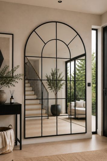 The Arcus - Black Framed Arched Window Leaner/Wall Mirror 75" X 47" (190x120CM) Suitable for Inside and Outside!