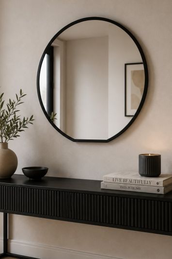 The Circulus - Black Framed Flat Bottom Circular Wall Mirror - Perfect for the Mantle! 33" X 31" (84CM X 80CM)