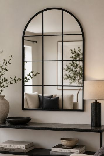 The Fenarc - Black Metal Framed Arched Window Wall Mirror 47" X 31" (120CM X 80CM)