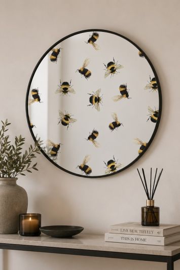 The Typis - Black Metal Edged Circular Modern Wall Mirror With Bumble Bee Design 31" (80CM) Diameter