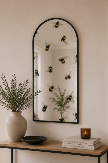 The Typis - Black Metal Edged Arch Modern Wall Mirror With Bumble Bee Decals 47" X 24" (120CM X 60CM)