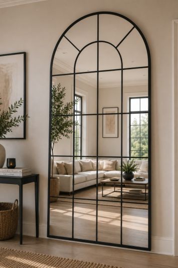 The Arcus - Black Framed Arched Window Leaner/Wall Mirror 86.5" X 41.5" (220 x 105CM)