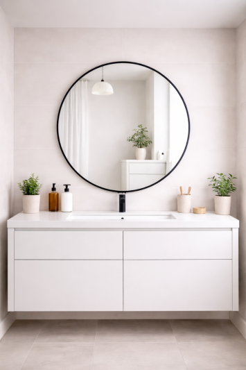 The Fenestra - Black Edged Circular Modern Wall Mirror Round Metal Bathroom Mirror 90cm – Large Circular Wall Mounted Mirror – Modern Black Frame Vanity Mirror – Contemporary Bathroom, Toilet, Ensuite" (90CM) Diameter