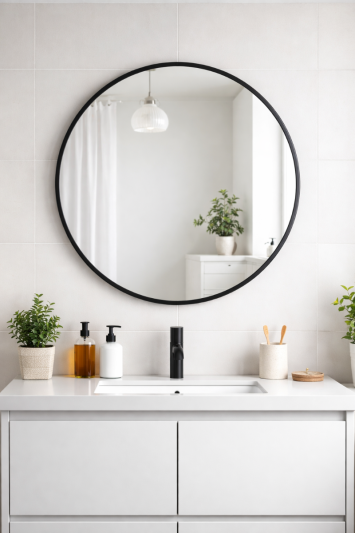 Round Metal Bathroom Mirror 80cm – Large Circular Wall Mounted Mirror – Modern Black Frame Vanity Mirror – Contemporary Bathroom, Toilet, Ensuite