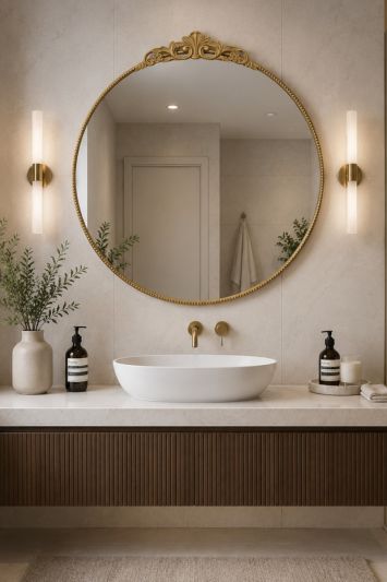 The Crown - Gold Metal Framed Round Decorative Bathroom Ensuite Wall Mirror 39" X 39" (100x100CM)