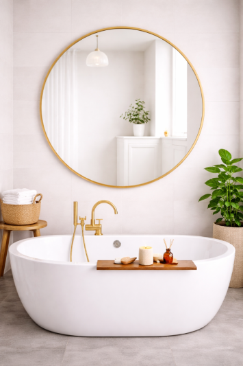 Round Metal Bathroom Mirror 120cm – Large Circular Wall Mounted Mirror – Modern Gold Frame Vanity Mirror – Contemporary Bathroom, Toilet, Ensuite