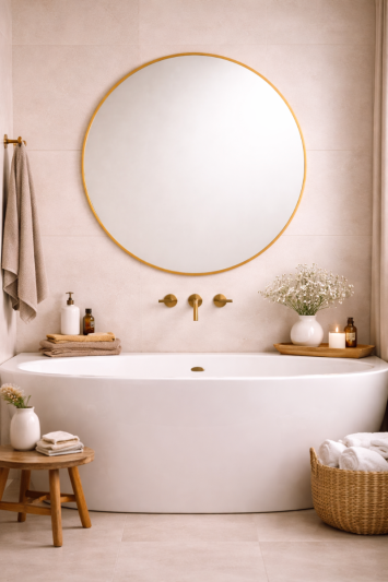 Round Metal Bathroom Mirror 110cm – Large Circular Wall Mounted Mirror – Modern Gold Frame Vanity Mirror – Contemporary Bathroom, Toilet, Ensuite