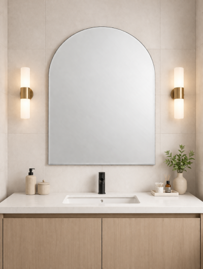 Arched Frameless Bathroom Wall Mirror 100x70cm Polished Edge, Portrait Hanging