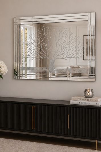 Luxury 120cm x 80cm Triple Bevelled Glass Wall Mirror with Handcrafted Glitter Resin Tree Design – Ready to Hang