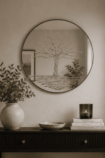 Luxury Round 80cm Bevelled Glass Wall Mirror with Handcrafted Glitter Resin Tree Design – Ready to Hang