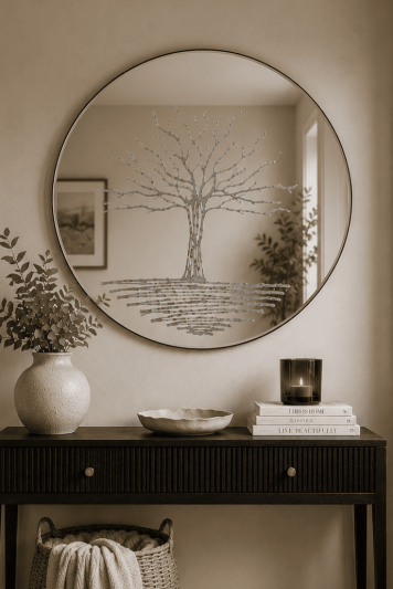 Luxury Round 90cm Bevelled Glass Wall Mirror with Handcrafted Glitter Resin Tree Design – Ready to Hang
