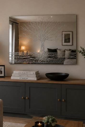 Luxury 90cm x 60cm Bevelled Glass Wall Mirror with Handcrafted Glitter Resin Tree Design – Ready to Hang