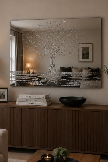 Luxury 100cm x 70cm Bevelled Glass Wall Mirror with Handcrafted Glitter Resin Tree Design – Ready to Hang