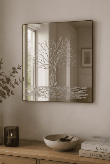Luxury Square 60cm Bevelled Glass Wall Mirror with Handcrafted Glitter Resin Tree Design – Ready to Hang