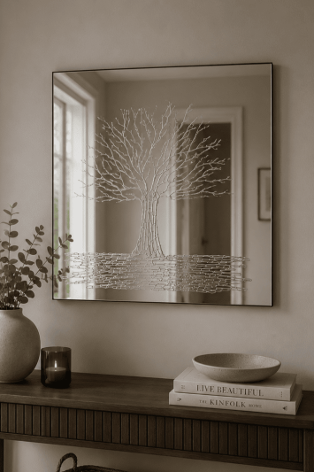 Luxury Square 70cm Bevelled Glass Wall Mirror with Handcrafted Glitter Resin Tree Design – Ready to Hang