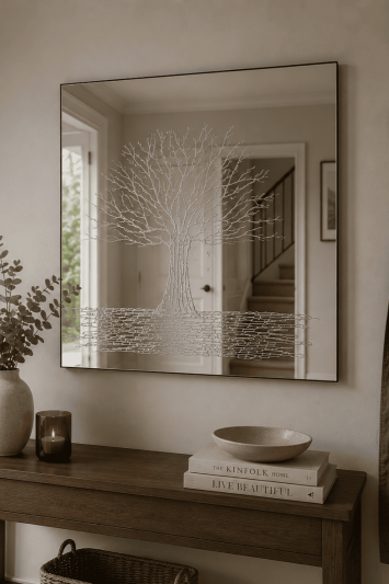 Luxury Square 80cm Bevelled Glass Wall Mirror with Handcrafted Glitter Resin Tree Design – Ready to Hang