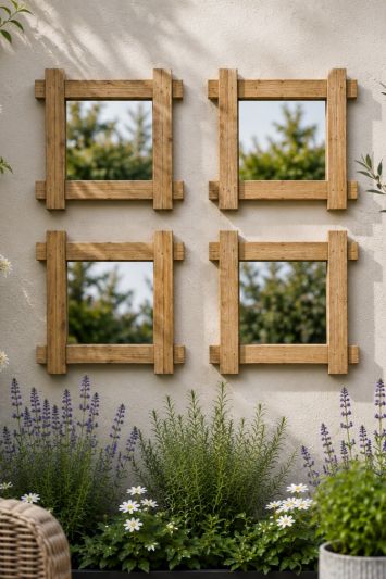 Pack of 4 Wooden Trellis Garden Mirrors 36.5cm x 36.5cm Outdoor Fence Wall Mirrors Decorative Garden Mirrors