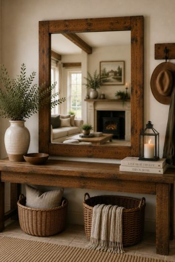 The Farmhouse Range - Dark Rustic Brown Traditional Stained Solid Wooden Wall Hung Mirror 44" X 38" (111CM X 91CM)