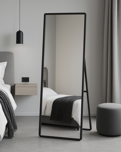 The Naturalis - Solid Black Oak Rounded Corner Cheval Mirror 67" X 23" (170CM X 58CM) Scandinavian 'Scandi' Inspired.