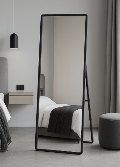 The Naturalis - Solid Black Oak Rounded Corner Cheval Mirror 67" X 23" (170CM X 58CM) Scandinavian 'Scandi' Inspired.