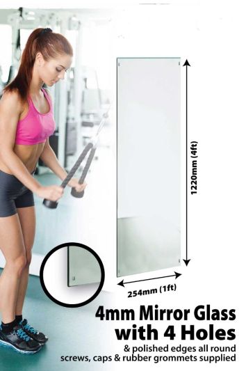 Circuitt Safety Backed 4mm Sheet Mirror Glass Polished Edge 4 Holes 122 x 30 CM