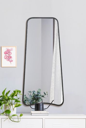 The Coartans - New Black Metal Isoscelles Trapezoid Shape Framed Wall Mirror with arched bottom. 48" X 23" (122CM X 58CM).