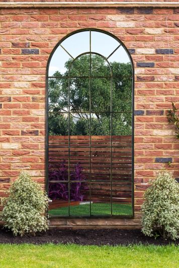 The Arcus - Antique Black Framed Arched Window Garden Mirror 71"x33.5" 180x85CM