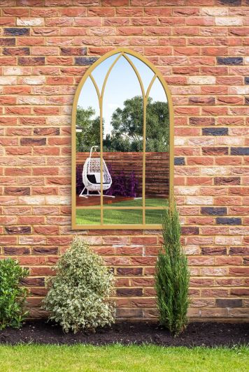 The Arcus - Gold Metal Framed Arched Garden Wall Mirror 32" X 19" (83CM X 48CM)