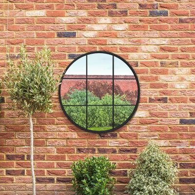 The Circulus - Black Metal Frame Round Window Garden Wall Mirror 31"x31" 80x80CM