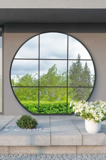 The Circulus - Black Framed Flat Bottom Circular Outdoor Garden Window Wall Mirror - Extra Large Full Length! 74" X 71" (189CM X 180CM)
