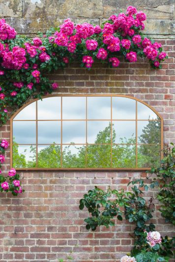 The Arcus - Gold Metal Framed Window Arched Garden Wall or Fence Mirror 69" X 33" (174CM X 85CM)